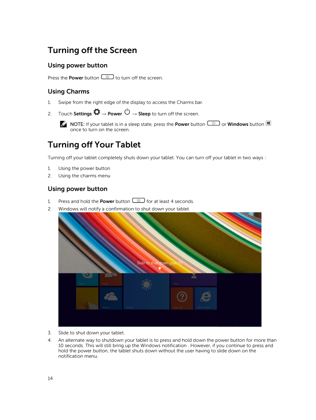 Dell 13-7350 manual Turning off the Screen, Turning off Your Tablet, Using power button, Using Charms 