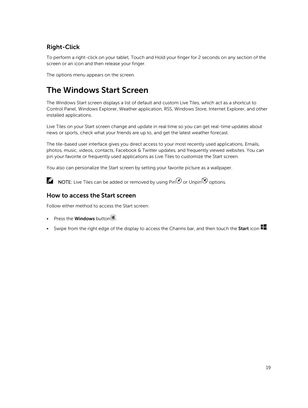 Dell 13-7350 manual Windows Start Screen, Right-Click, How to access the Start screen 