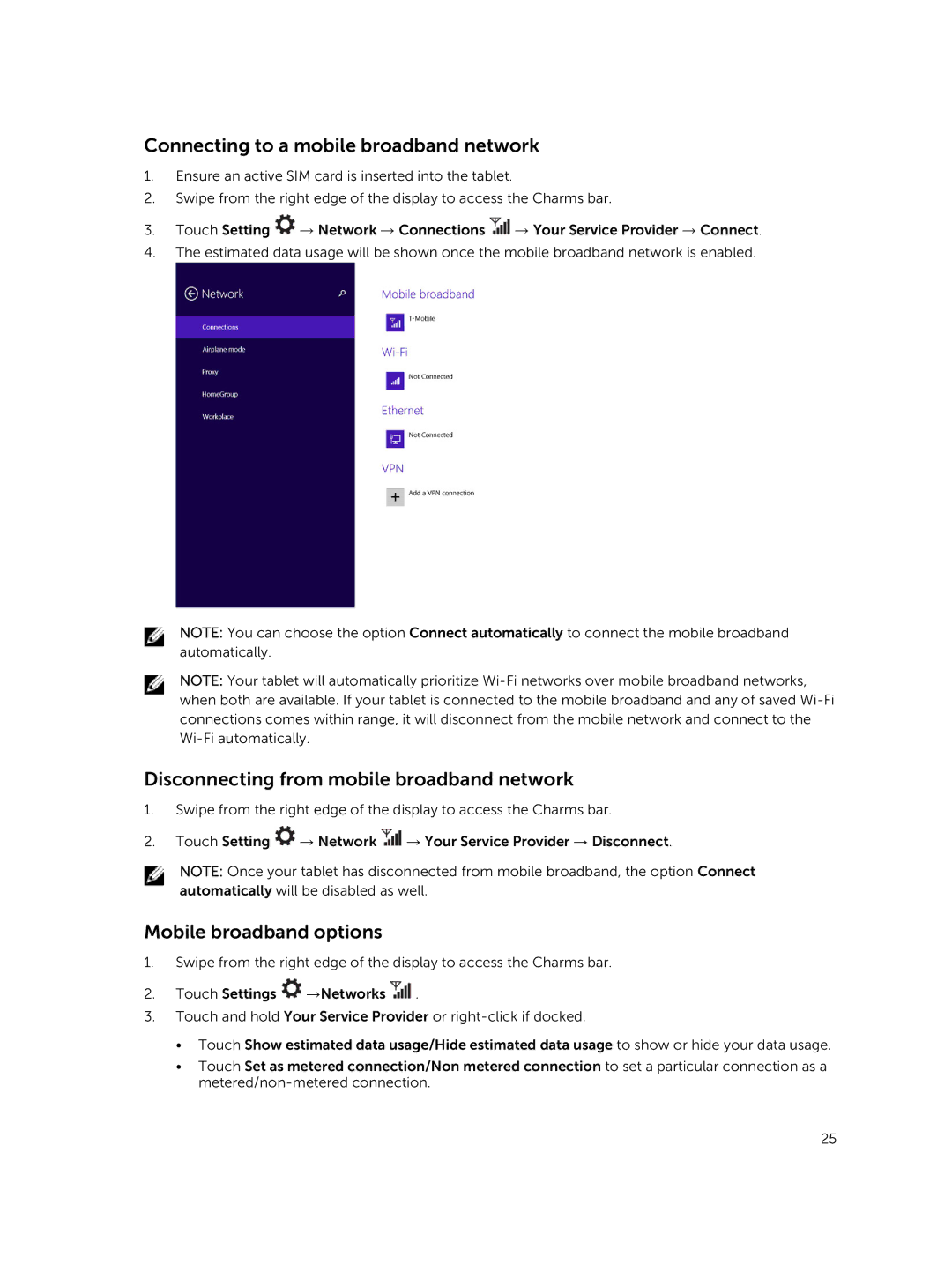 Dell 13-7350 manual Connecting to a mobile broadband network, Disconnecting from mobile broadband network 