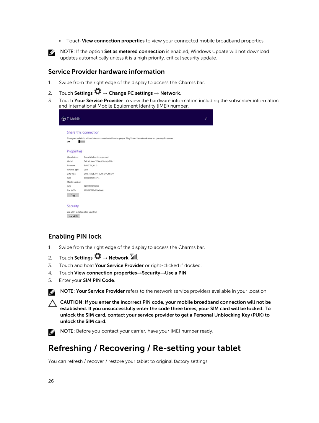 Dell 13-7350 Refreshing / Recovering / Re-setting your tablet, Service Provider hardware information, Enabling PIN lock 