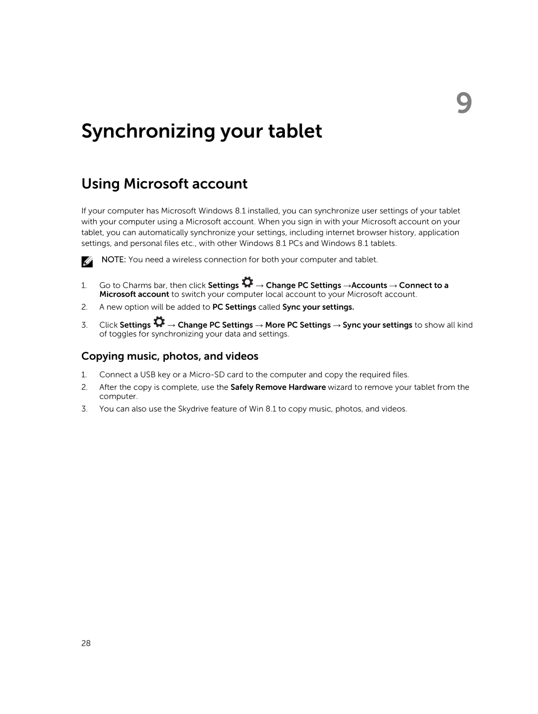 Dell 13-7350 manual Synchronizing your tablet, Using Microsoft account, Copying music, photos, and videos 