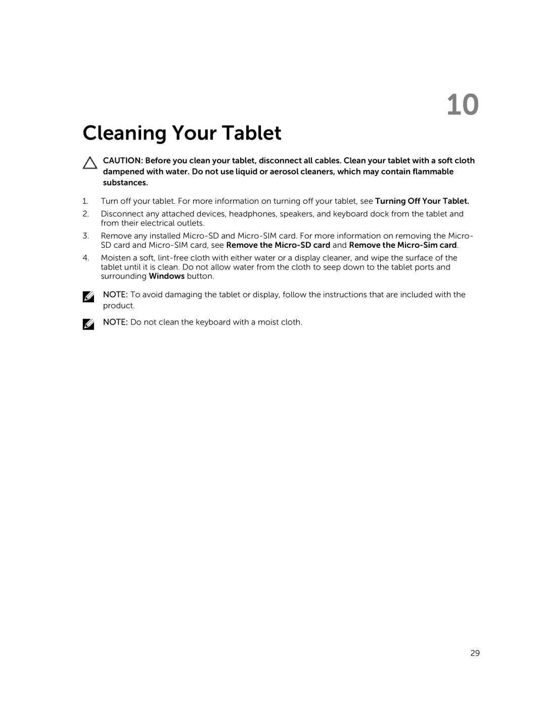 Dell 13-7350 manual Cleaning Your Tablet 