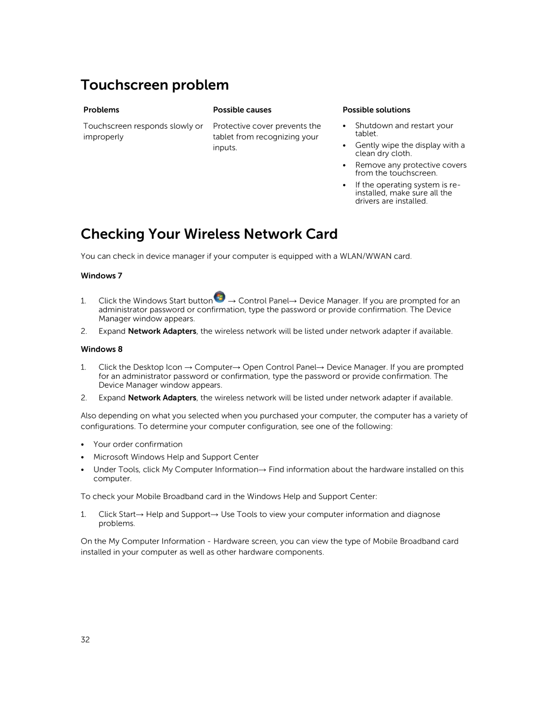 Dell 13-7350 manual Touchscreen problem, Checking Your Wireless Network Card 