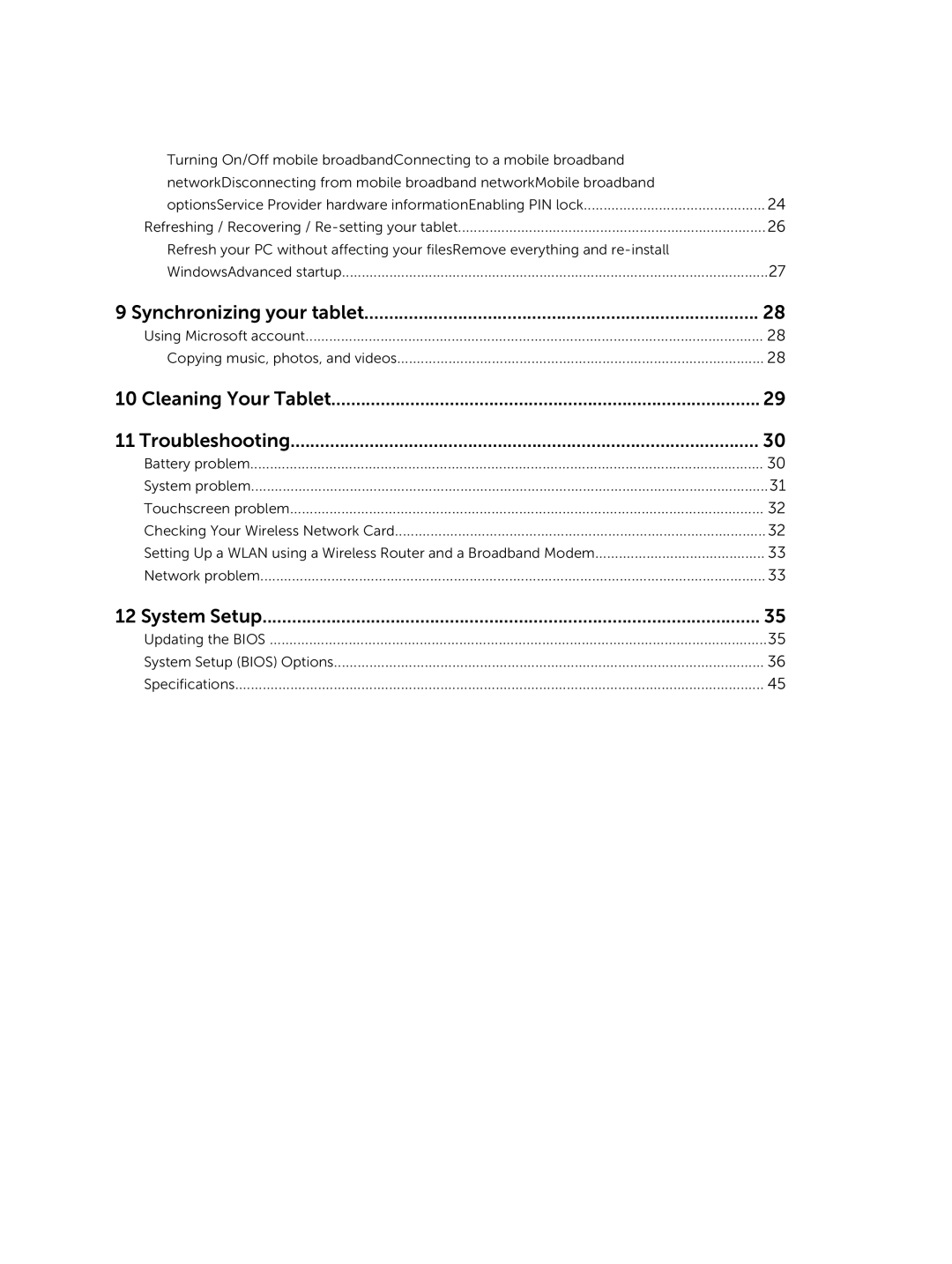 Dell 13-7350 manual Synchronizing your tablet, Cleaning Your Tablet Troubleshooting, System Setup 