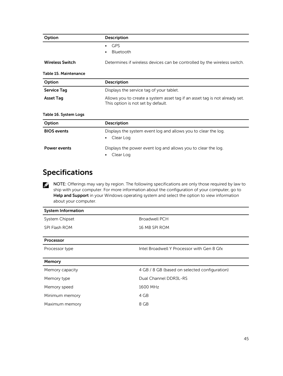 Dell 13-7350 manual Specifications, Gps 