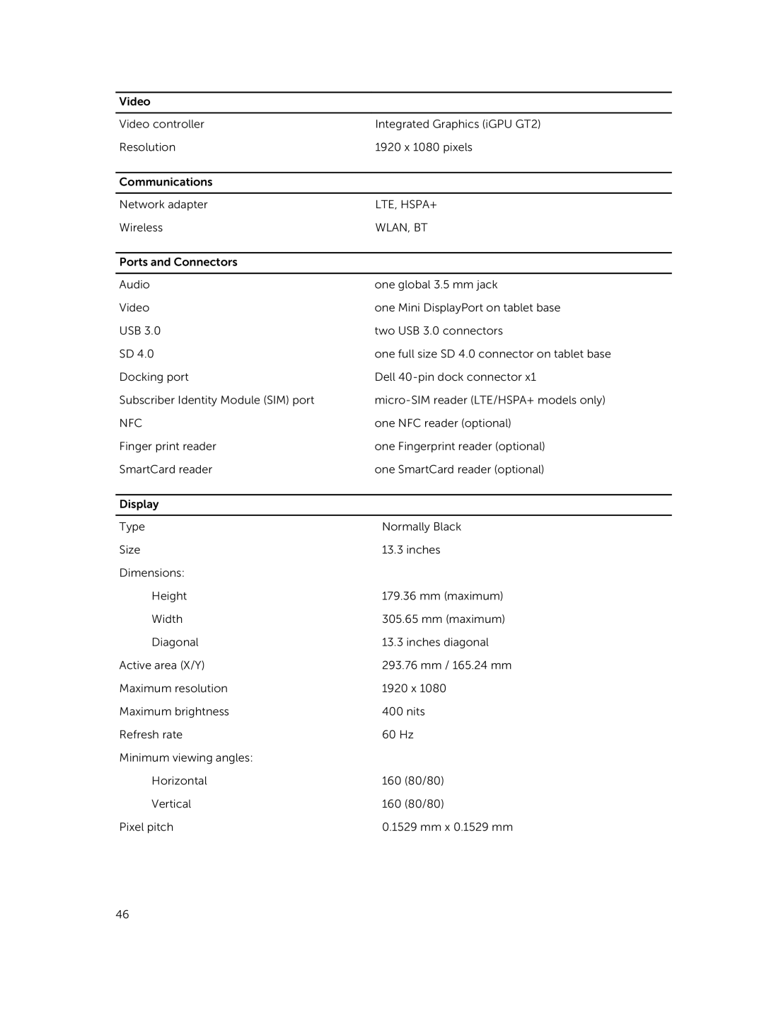 Dell 13-7350 manual Lte, Hspa+ 