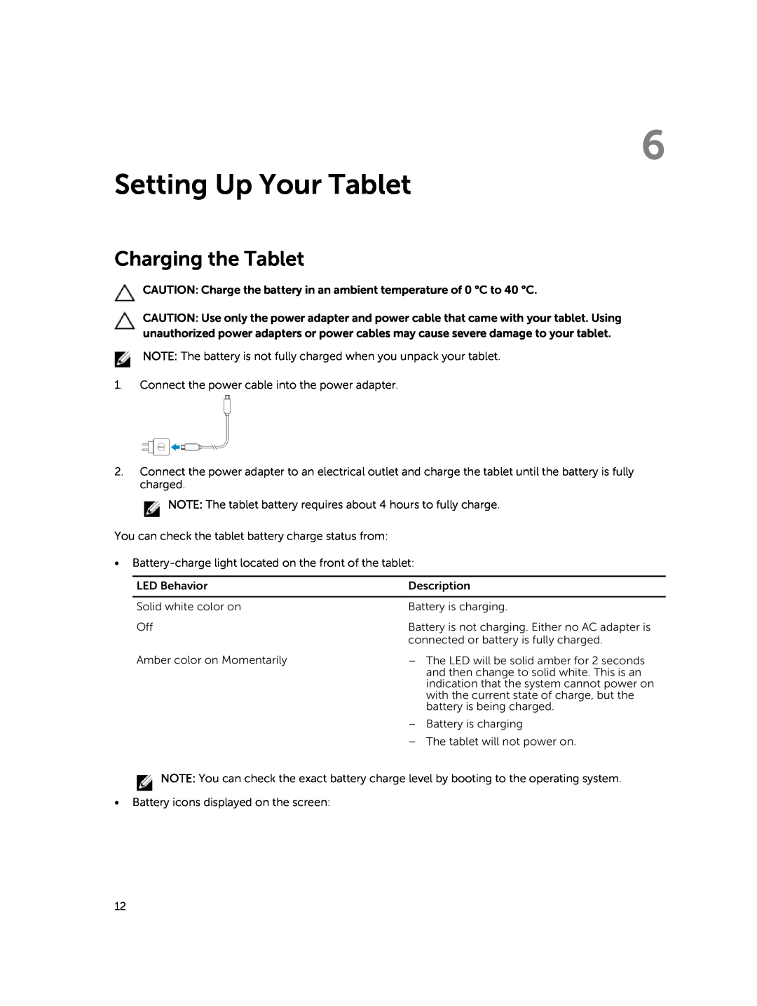 Dell 13-7350 manual Setting Up Your Tablet, Charging the Tablet 