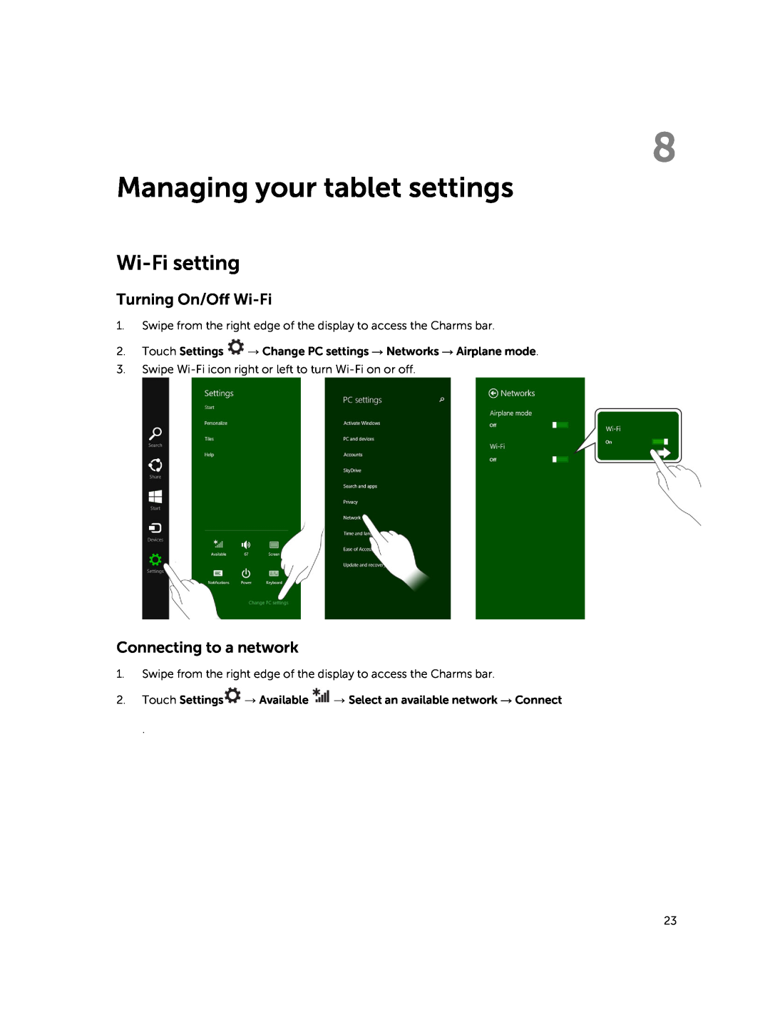 Dell 13-7350 manual Managing your tablet settings, Wi-Fi setting, Turning On/Off Wi-Fi, Connecting to a network 
