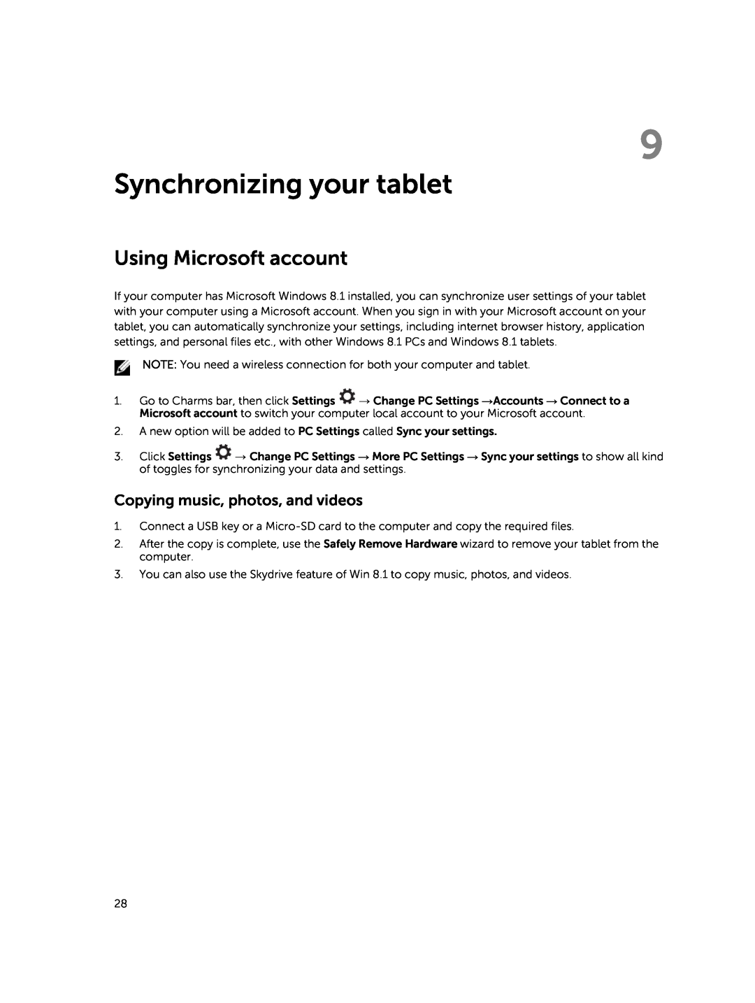 Dell 13-7350 manual Synchronizing your tablet, Using Microsoft account, Copying music, photos, and videos 