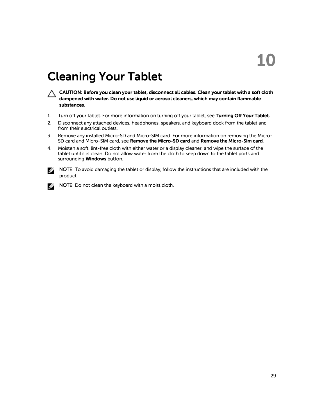 Dell 13-7350 manual Cleaning Your Tablet 