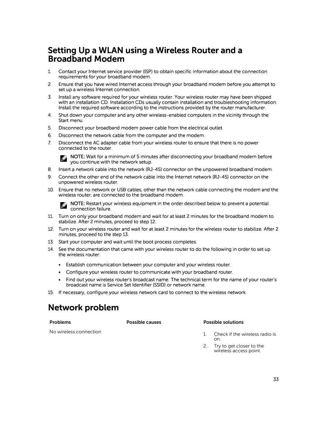 Dell 13-7350 manual Setting Up a WLAN using a Wireless Router and a Broadband Modem, Network problem 