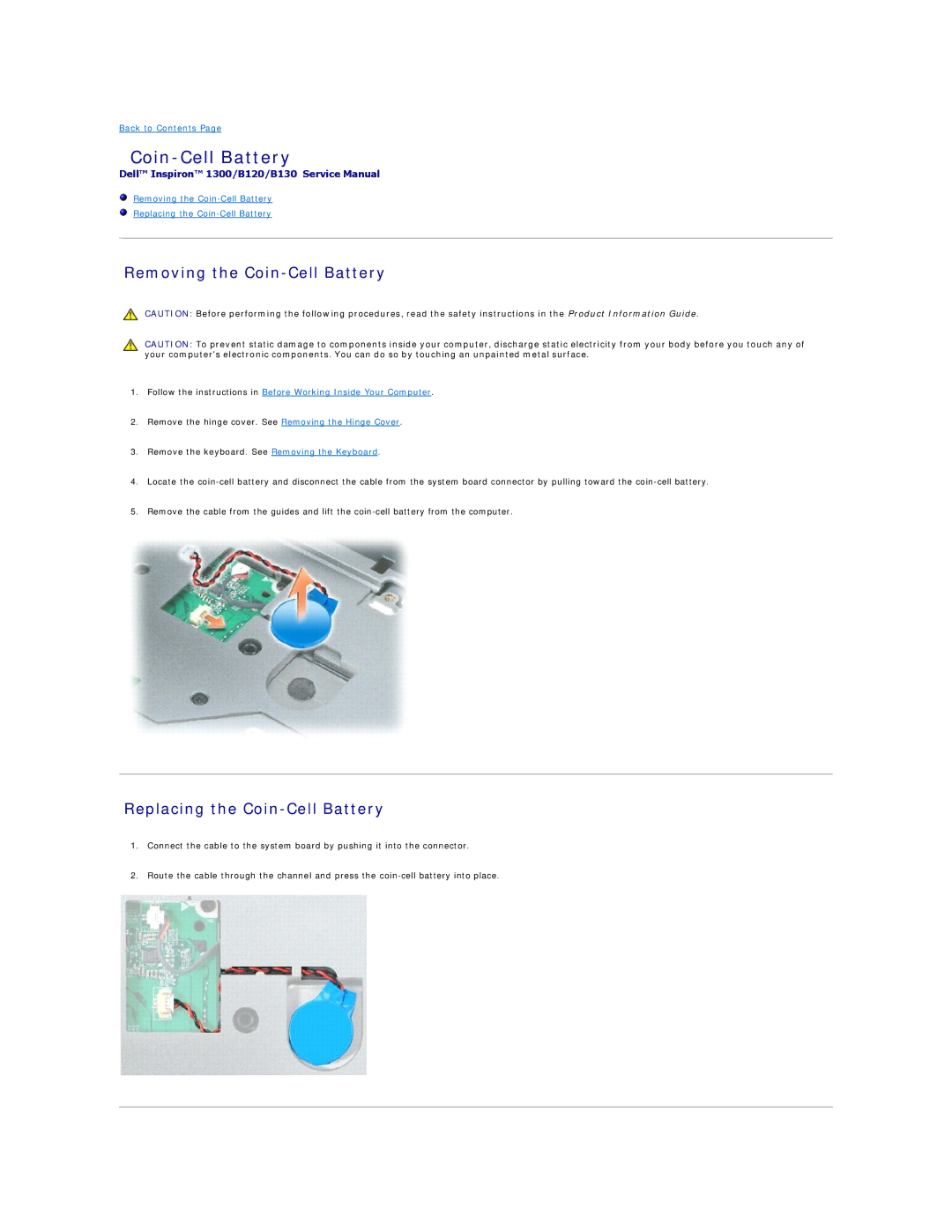 Dell B120, 1300, B130 manual Removing the Coin-Cell Battery, Replacing the Coin-Cell Battery 