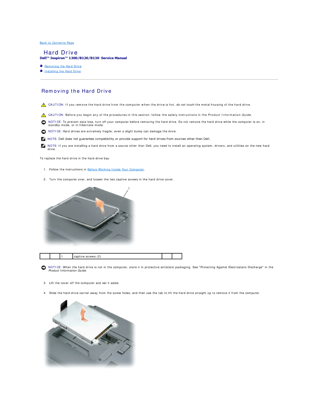 Dell 1300, B120, B130 manual Removing the Hard Drive 