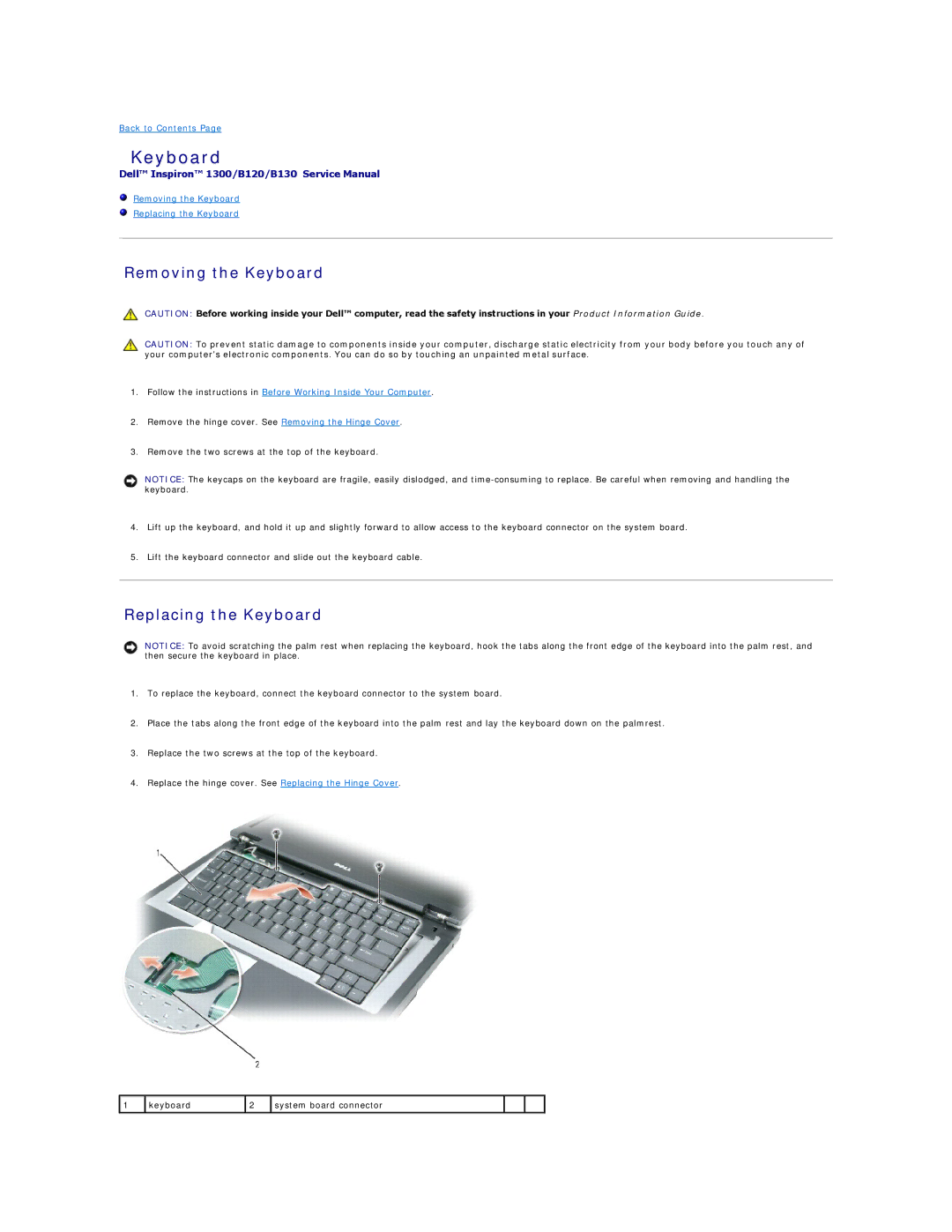 Dell 1300, B120, B130 manual Removing the Keyboard, Replacing the Keyboard 