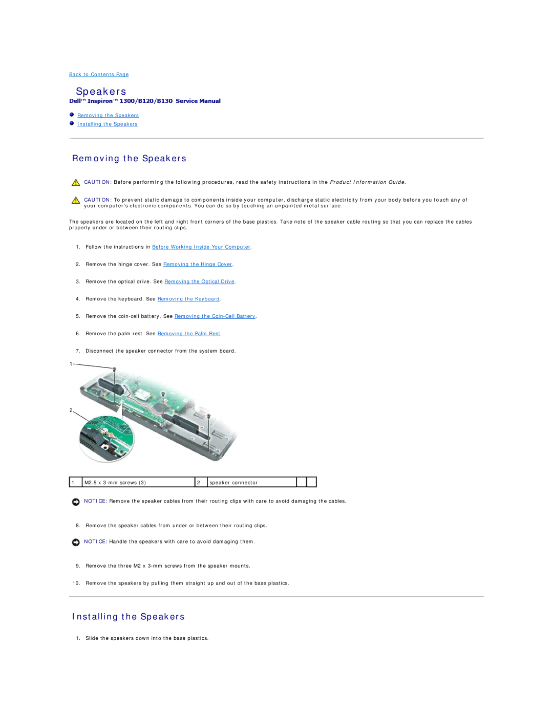 Dell B120, 1300, B130 manual Removing the Speakers, Installing the Speakers 