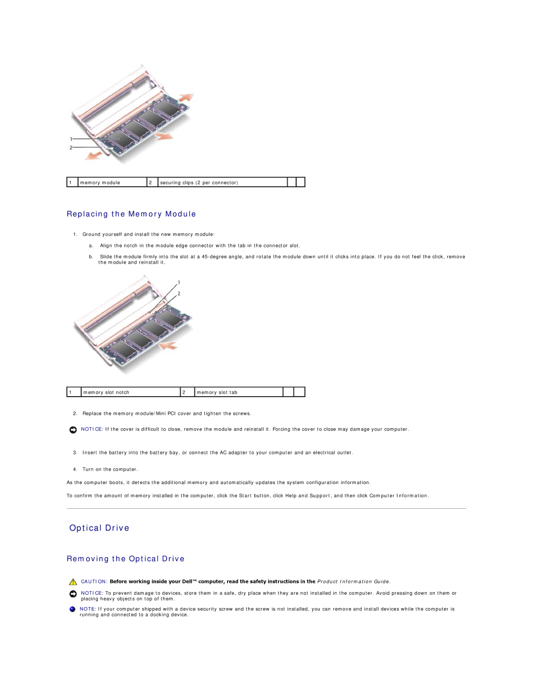 Dell B130, 1300, B120 manual Optical Drive, Replacing the Memory Module 