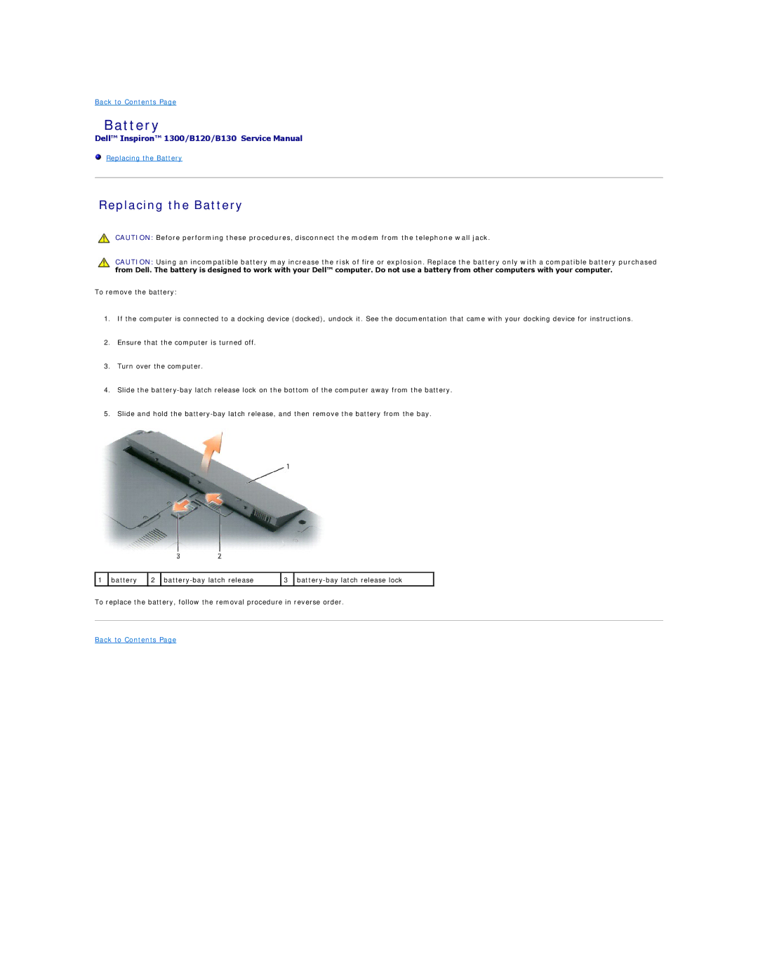 Dell B130, 1300, B120 manual Replacing the Battery 