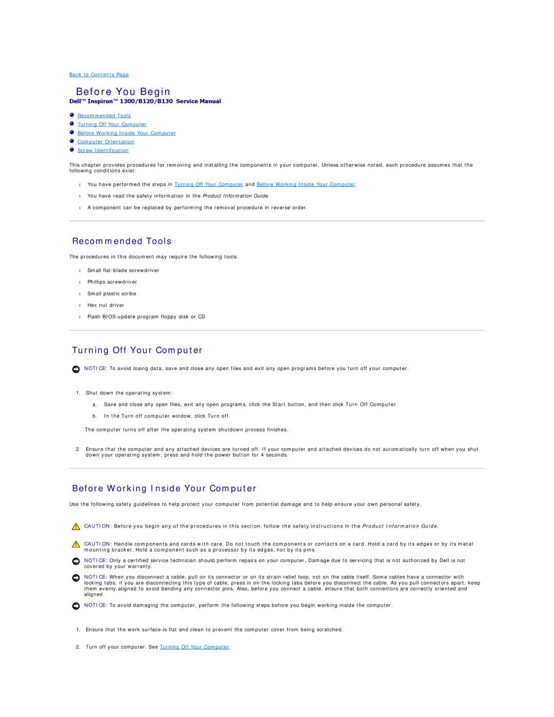 Dell 1300, B120, B130 Before You Begin, Recommended Tools, Turning Off Your Computer, Before Working Inside Your Computer 