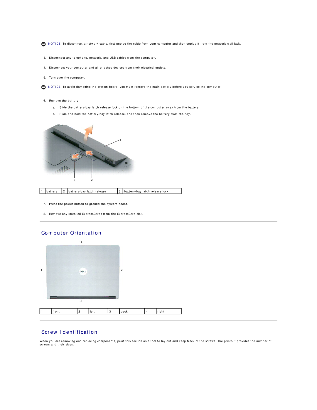 Dell B120, 1300, B130 manual Computer Orientation, Screw Identification 