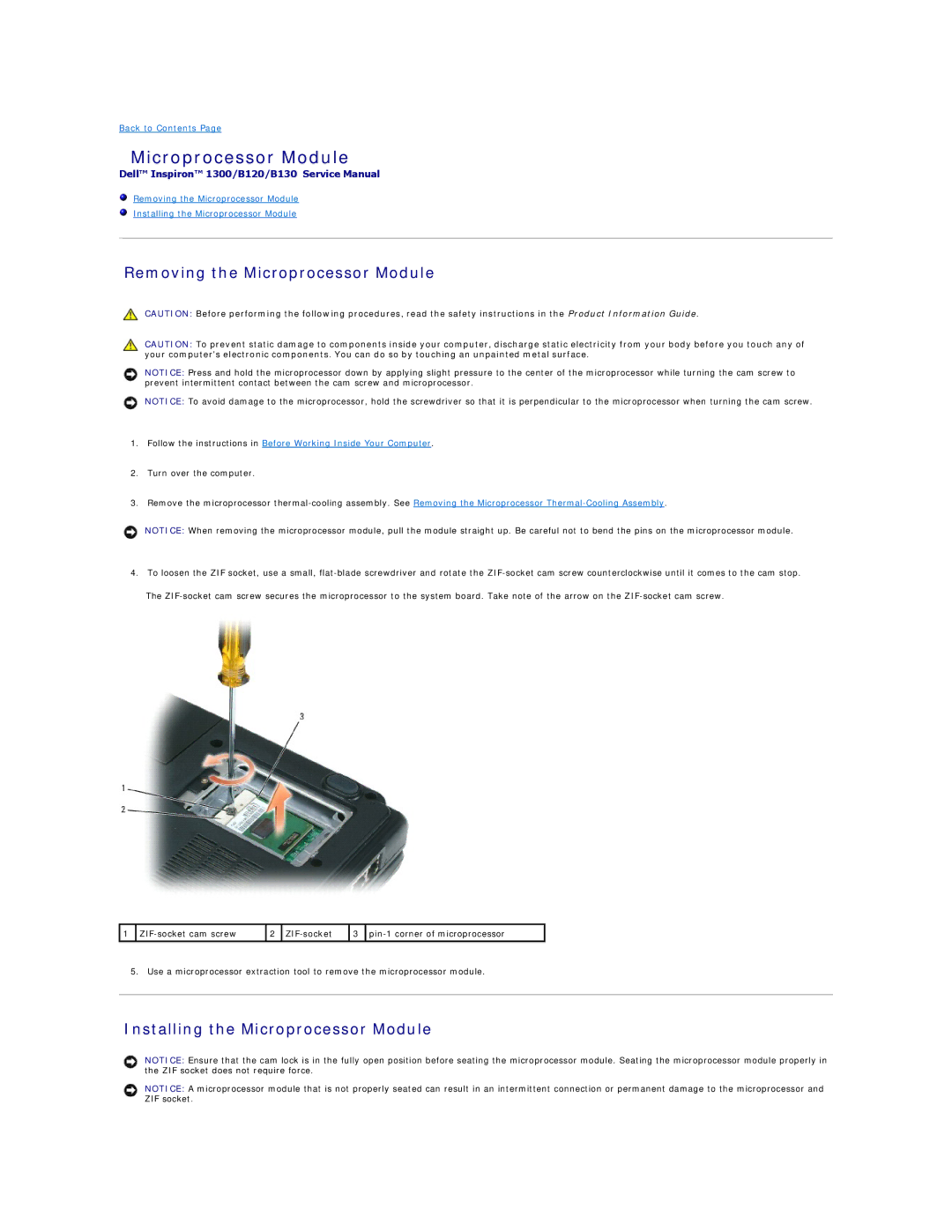 Dell 1300, B120, B130 manual Removing the Microprocessor Module, Installing the Microprocessor Module 