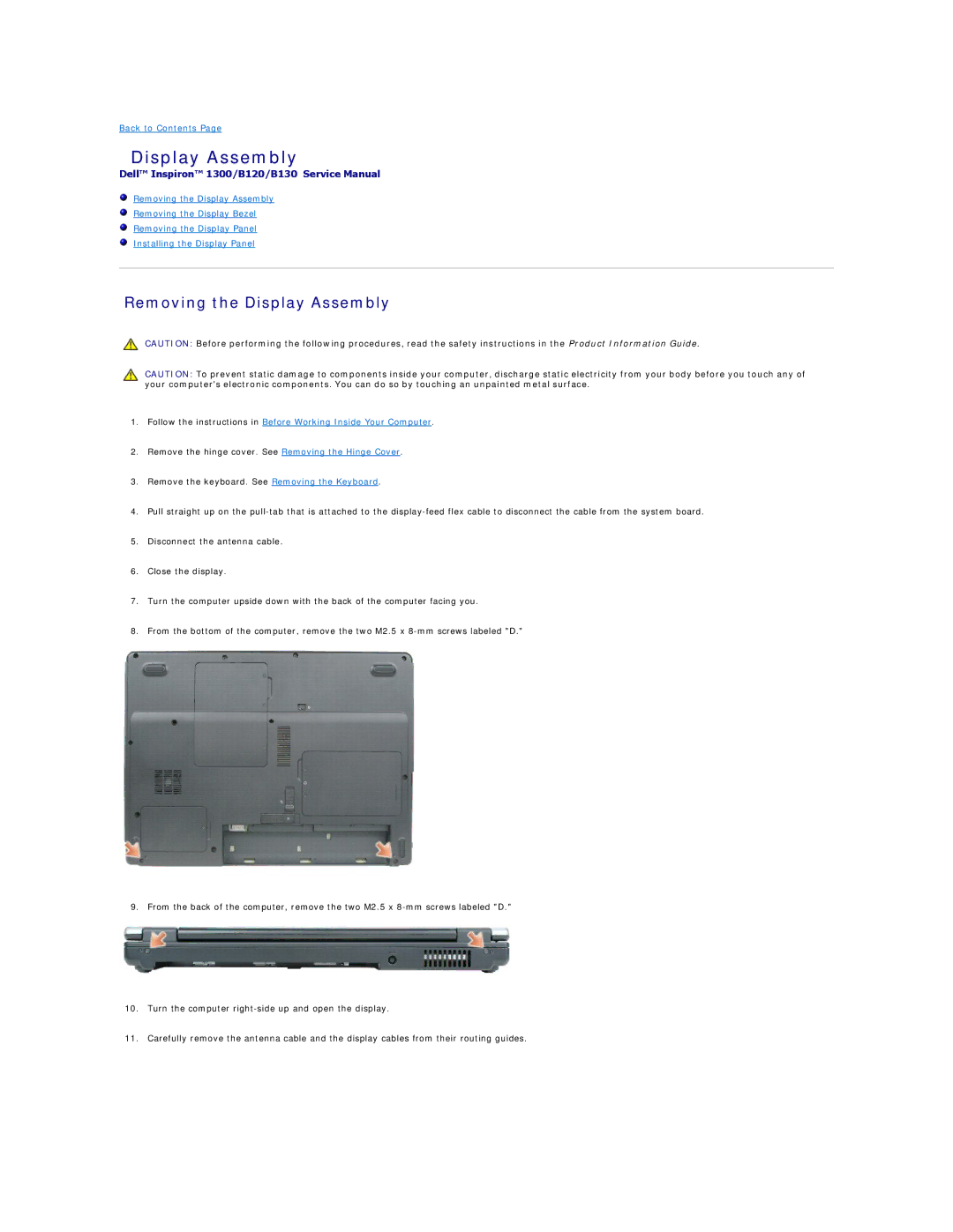 Dell B130, 1300, B120 manual Removing the Display Assembly 