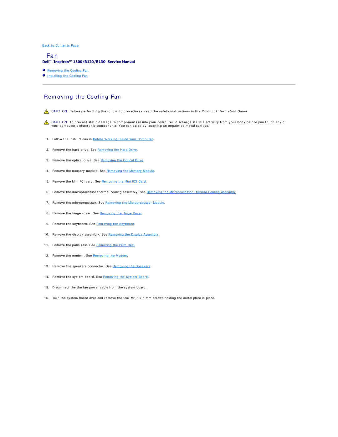Dell B120, 1300, B130 manual Removing the Cooling Fan 