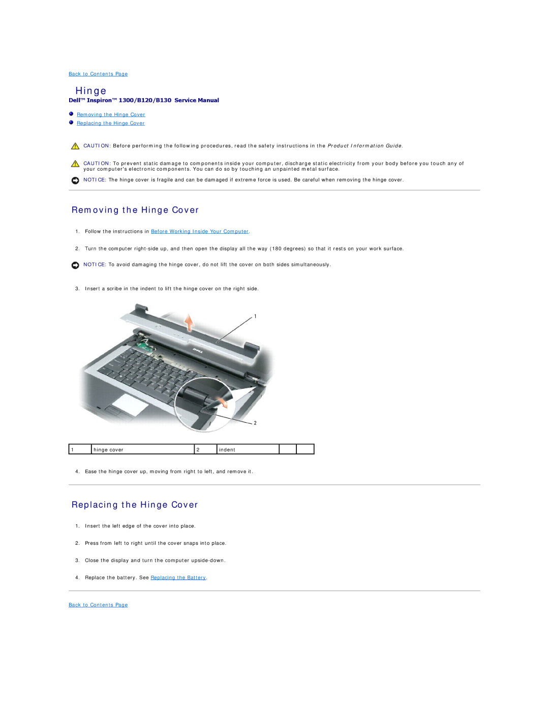 Dell B130, 1300, B120 manual Removing the Hinge Cover, Replacing the Hinge Cover 