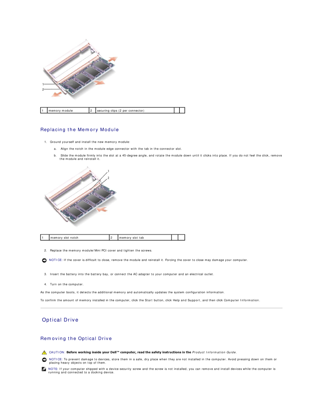 Dell B130, 1300, B120 manual Optical Drive, Replacing the Memory Module 