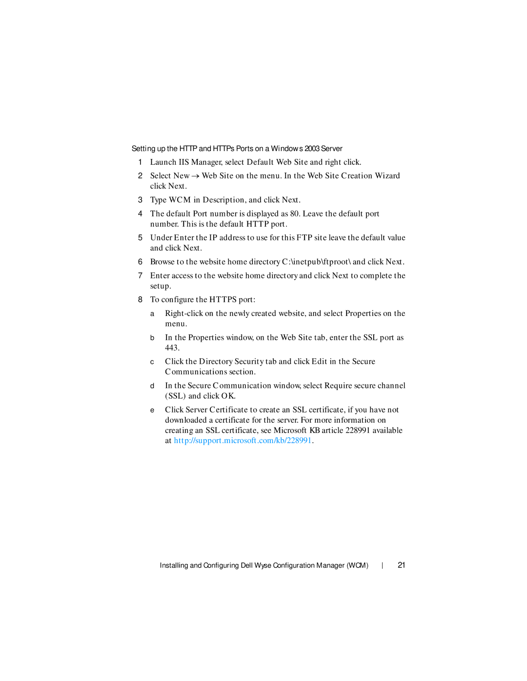 Dell 1.3.0.0 manual Setting up the Http and HTTPs Ports on a Windows 2003 Server 