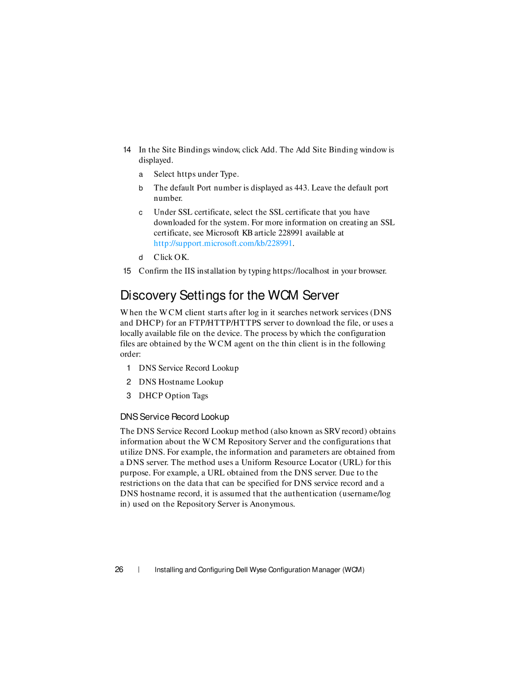Dell 1.3.0.0 manual Discovery Settings for the WCM Server, DNS Service Record Lookup 