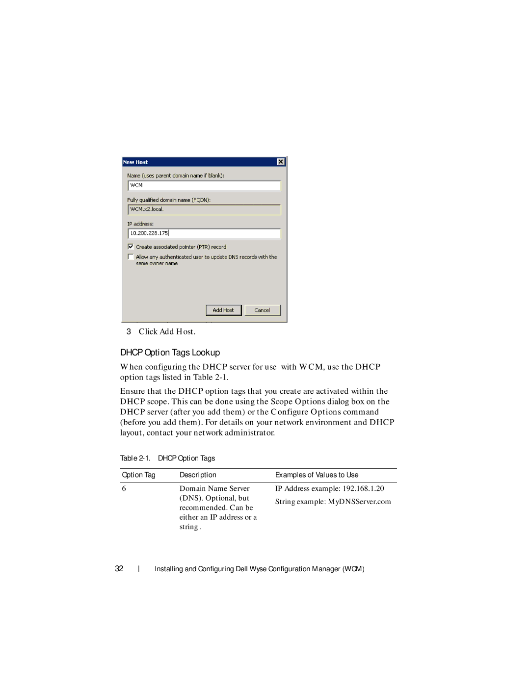 Dell 1.3.0.0 manual Dhcp Option Tags Lookup, Dhcp Option Tags Description Examples of Values to Use 