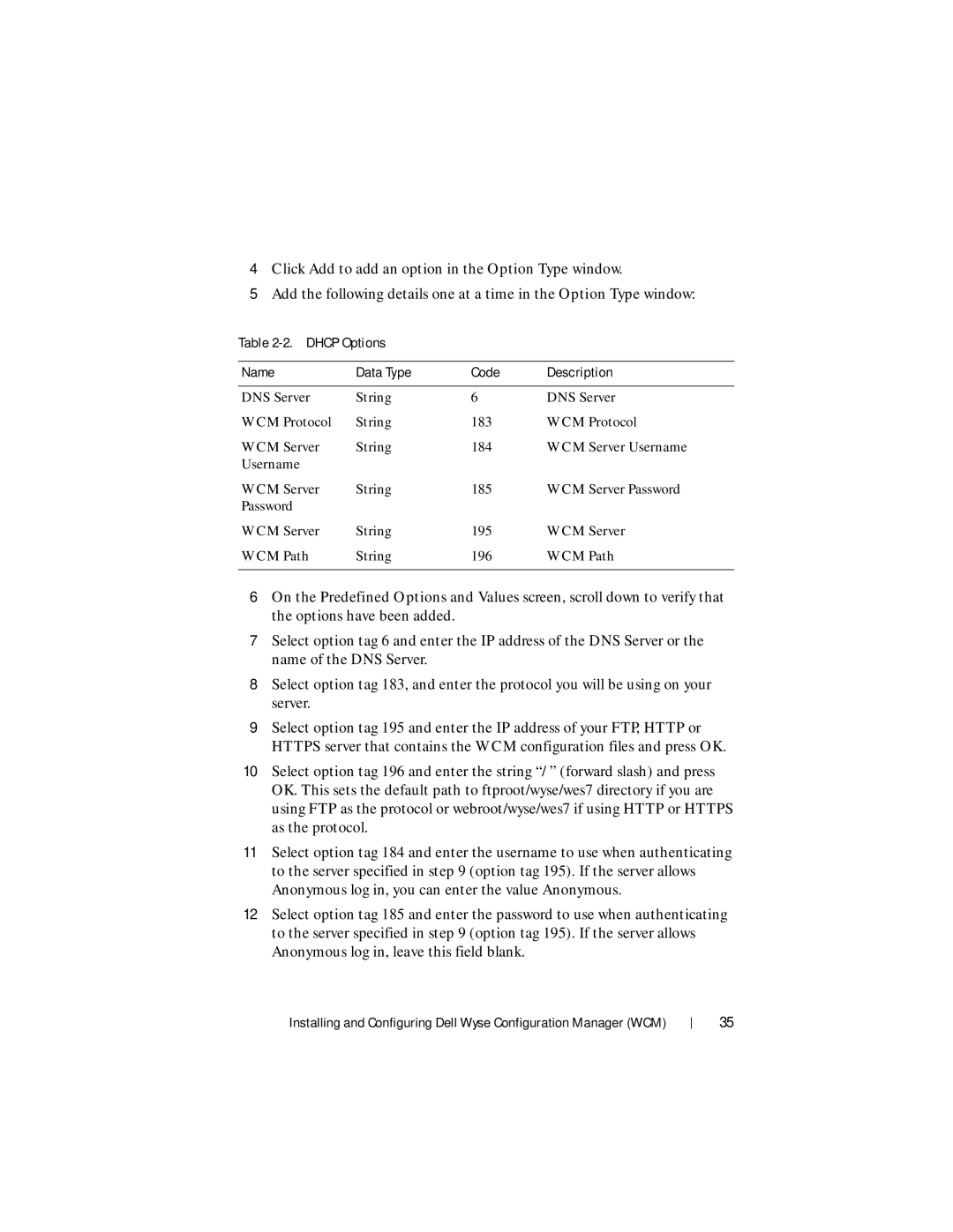 Dell 1.3.0.0 manual Dhcp Options Name Data Type Code Description 