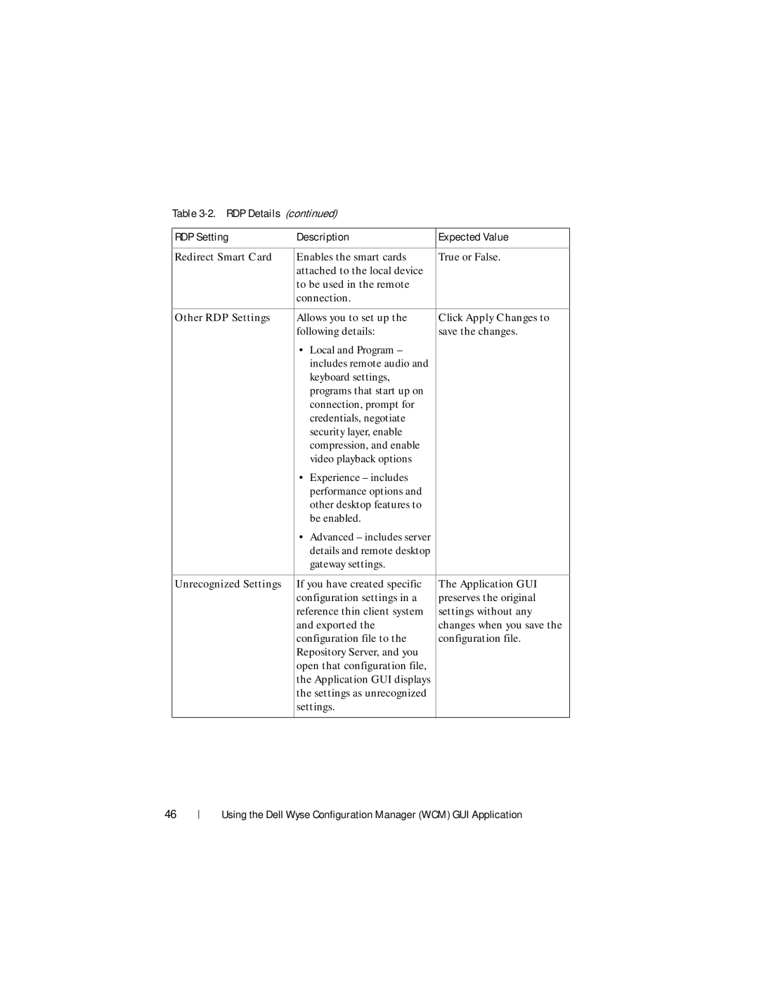 Dell 1.3.0.0 manual Redirect Smart Card, Other RDP Settings, Click Apply Changes to, Unrecognized Settings 