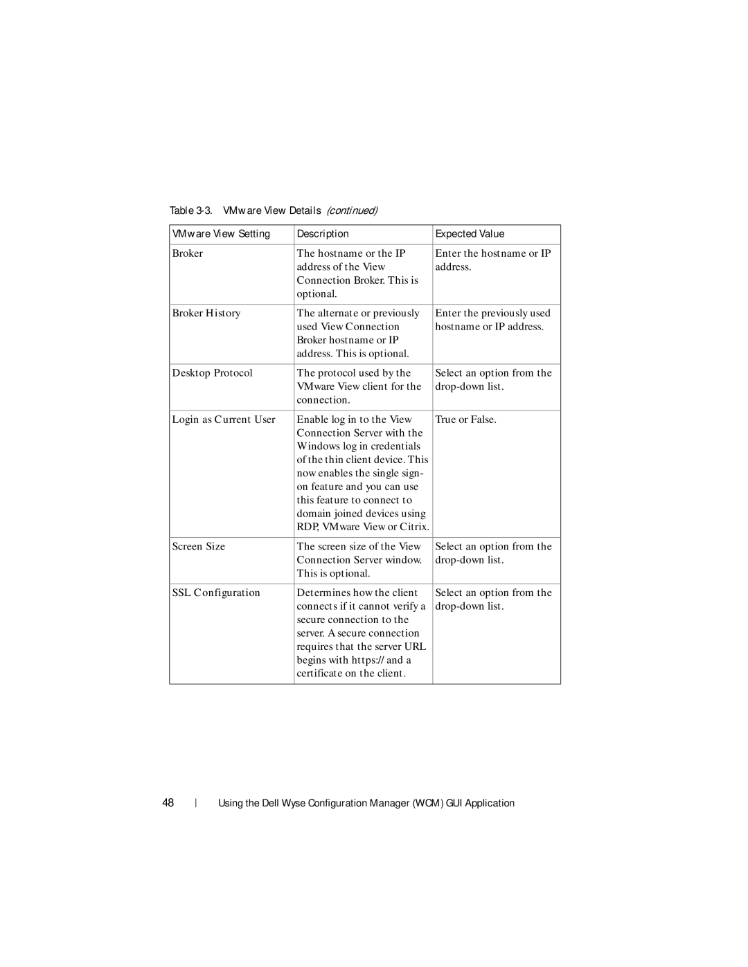 Dell 1.3.0.0 manual Broker History, Desktop Protocol, Login as Current User, Screen Size, SSL Configuration 