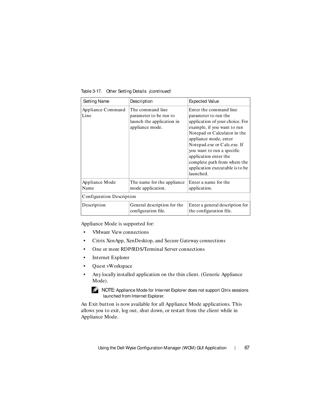 Dell 1.3.0.0 manual Appliance Command, Line, Appliance Mode, Name, Configuration Description 