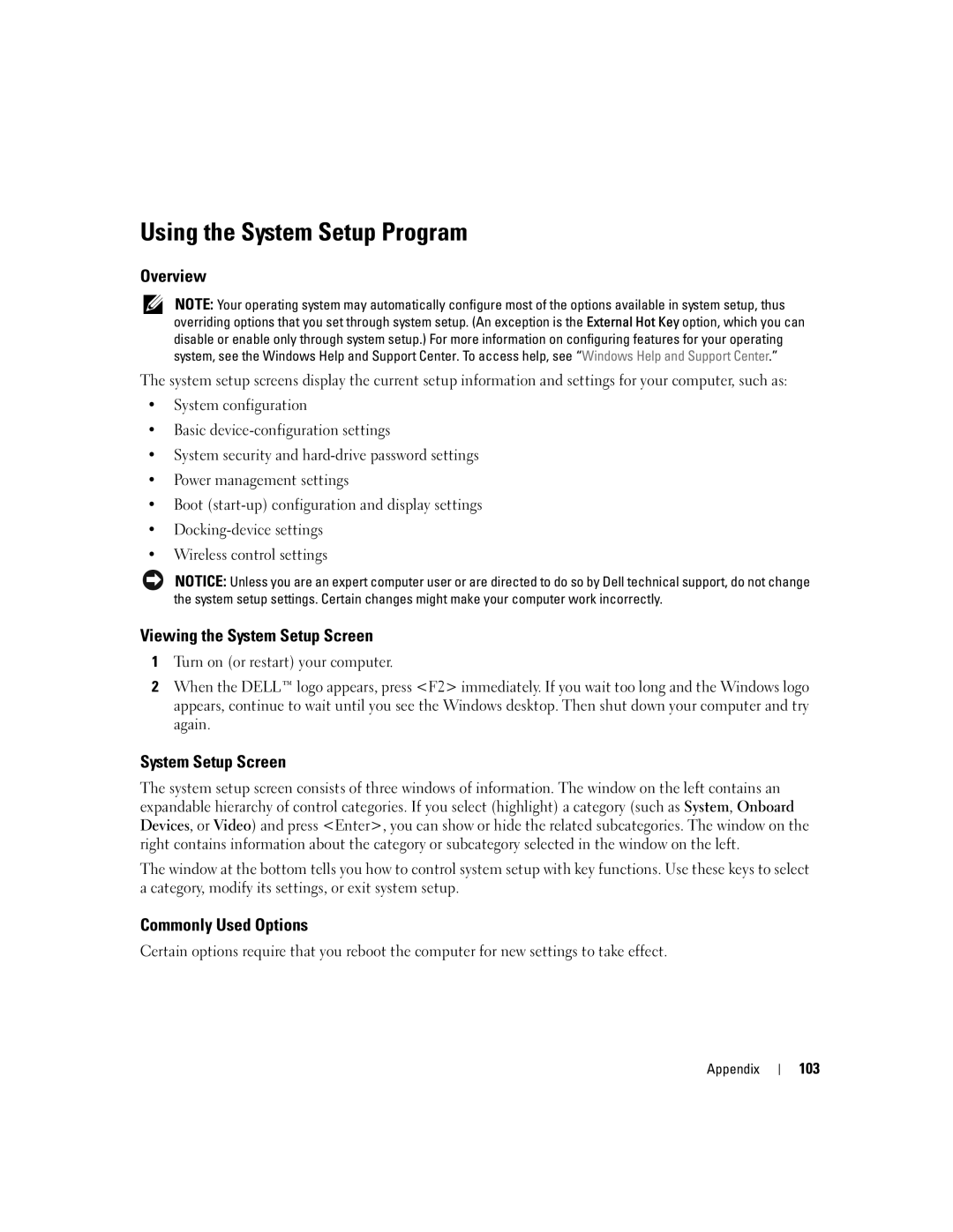 Dell 1300 owner manual Using the System Setup Program, Overview, Viewing the System Setup Screen, Commonly Used Options 