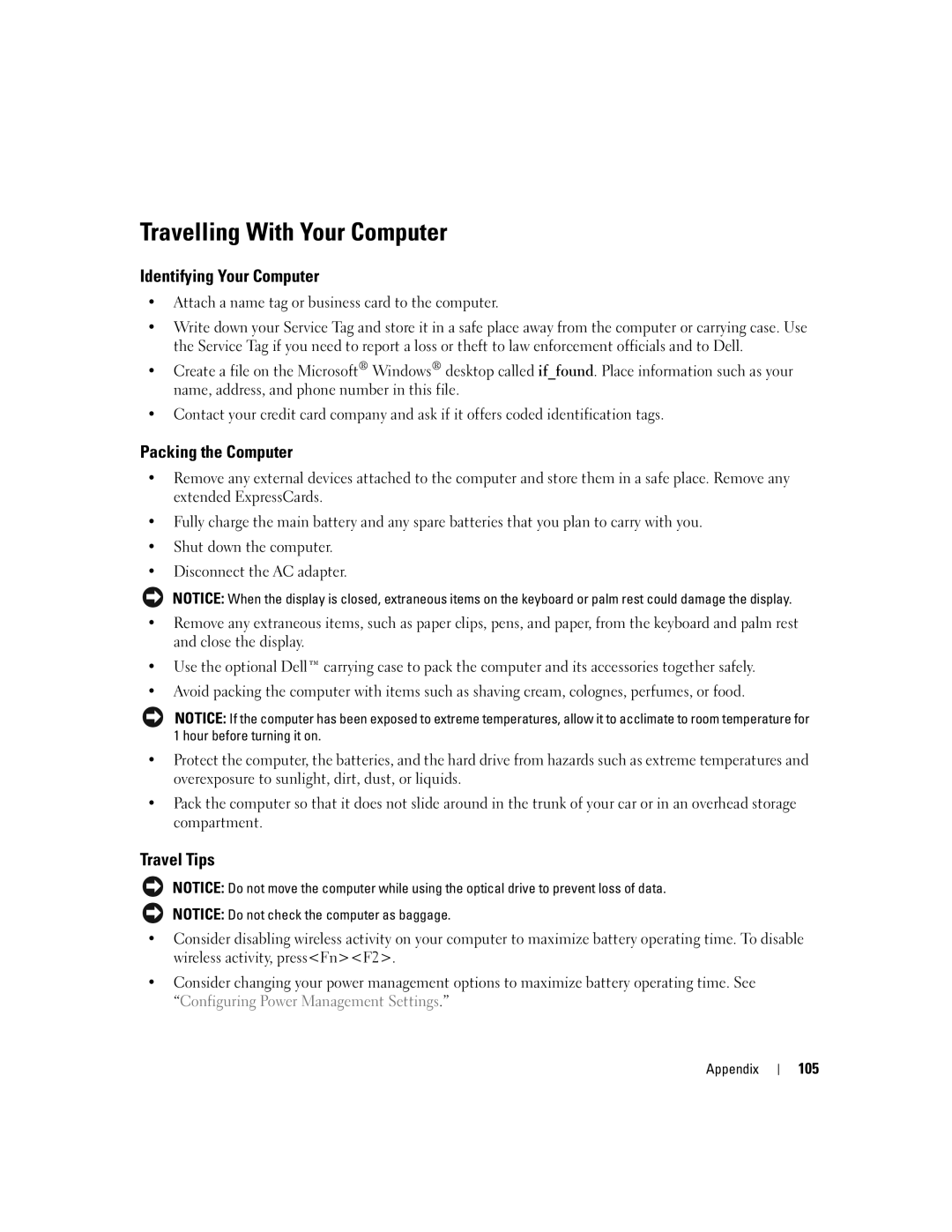 Dell 1300 owner manual Travelling With Your Computer, Identifying Your Computer, Packing the Computer, Travel Tips 