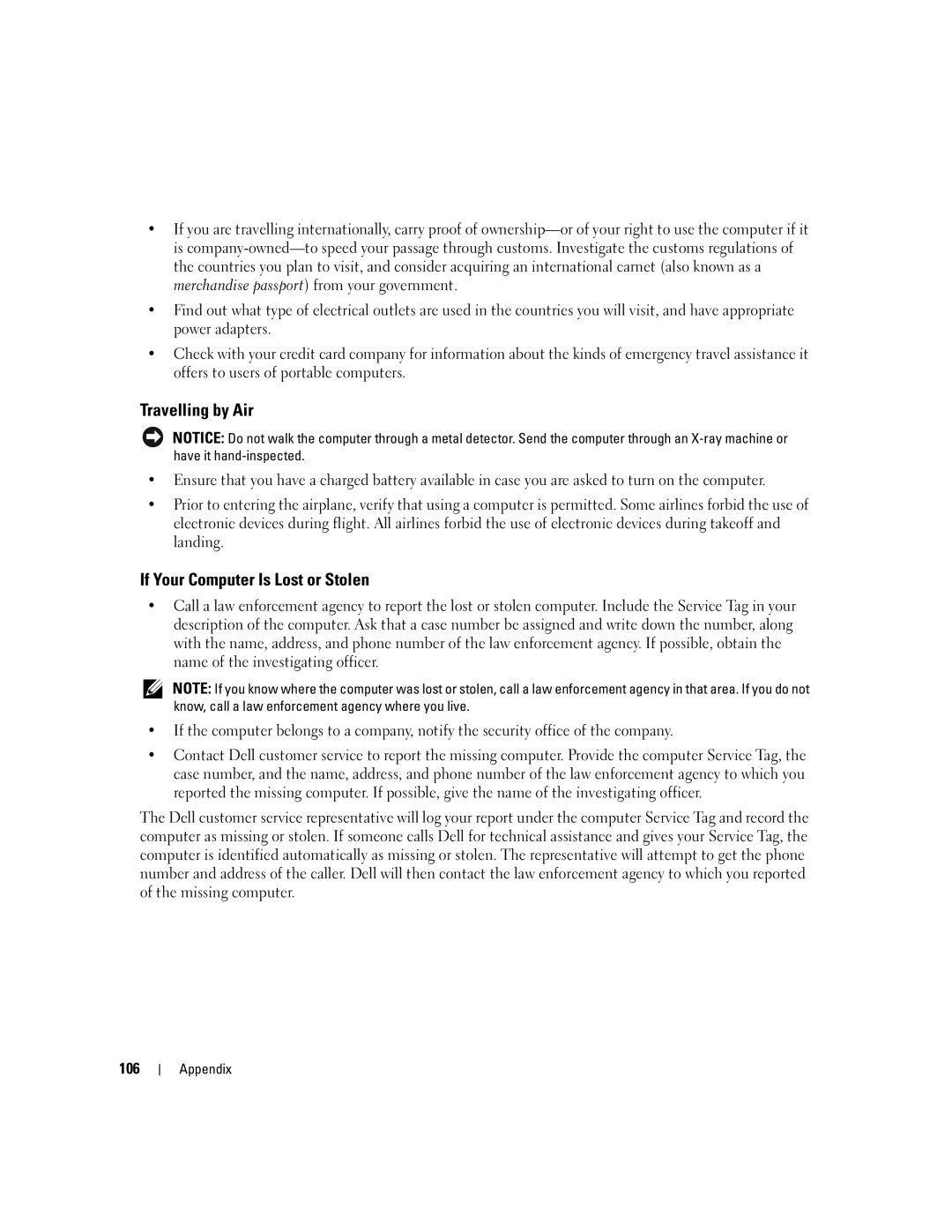 Dell 1300 owner manual Travelling by Air, If Your Computer Is Lost or Stolen 