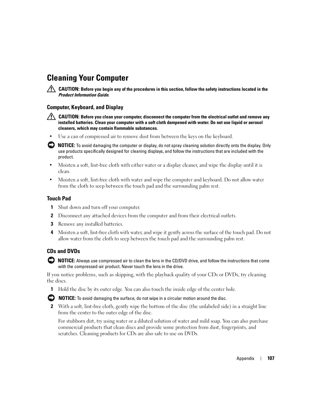 Dell 1300 owner manual Cleaning Your Computer, Computer, Keyboard, and Display, Touch Pad, CDs and DVDs, 107 