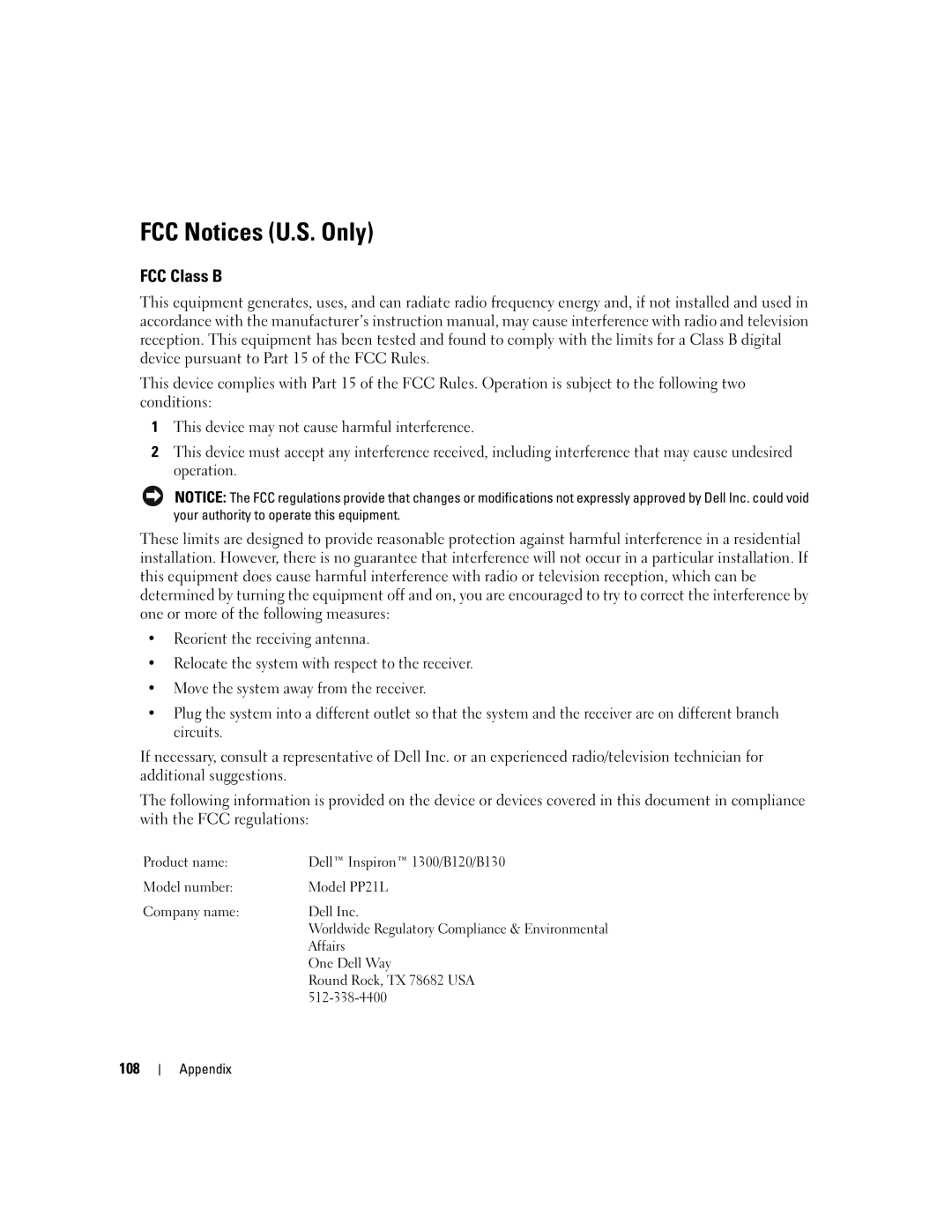 Dell 1300 owner manual FCC Notices U.S. Only, FCC Class B, 108 