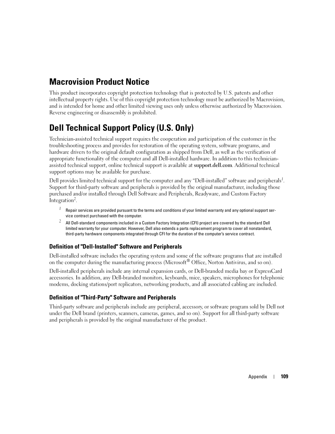 Dell 1300 owner manual Macrovision Product Notice, Dell Technical Support Policy U.S. Only, 109 