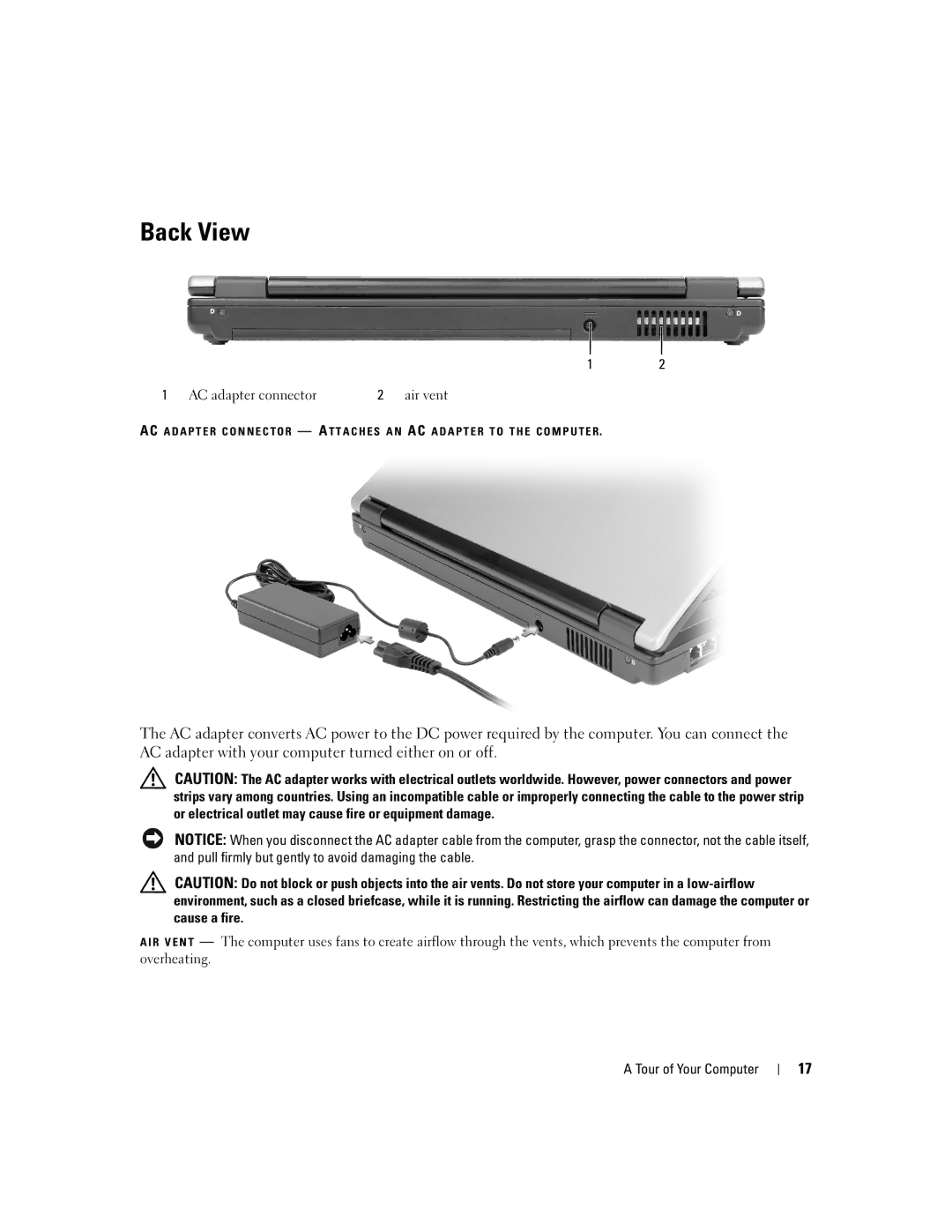 Dell 1300 owner manual Back View, AC adapter connector 2 air vent 