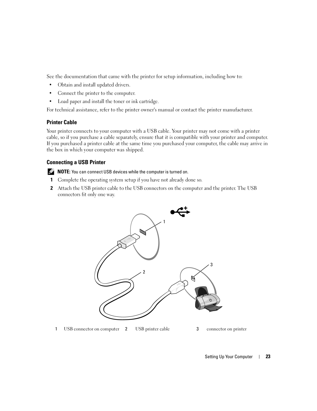 Dell 1300 owner manual Printer Cable, Connecting a USB Printer 