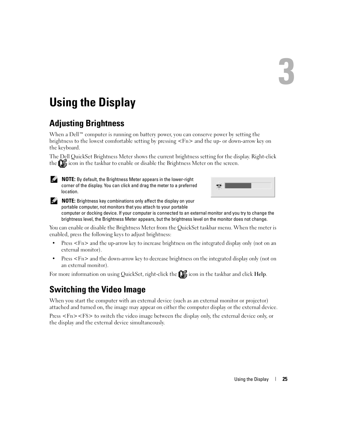 Dell 1300 owner manual Using the Display, Adjusting Brightness, Switching the Video Image 