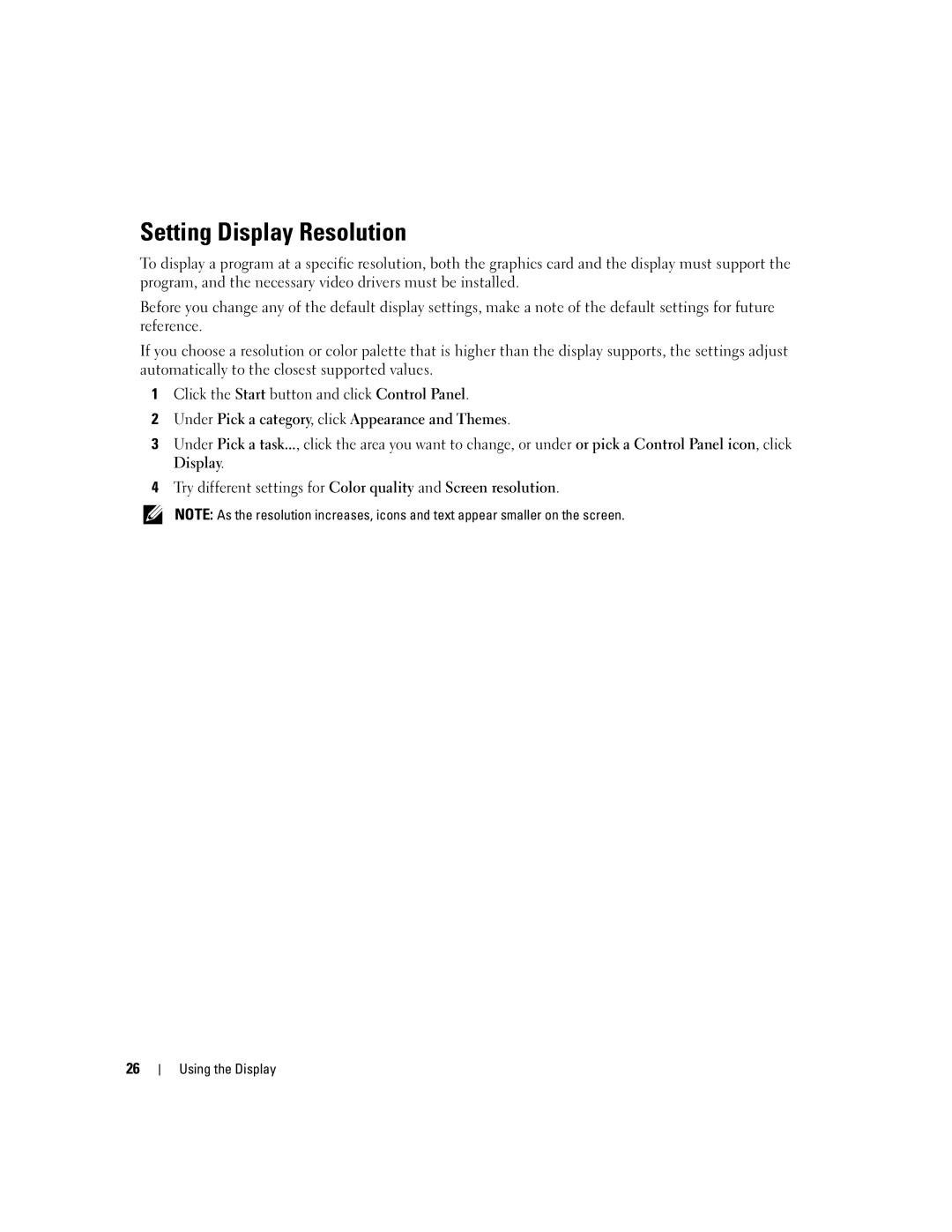 Dell 1300 owner manual Setting Display Resolution 