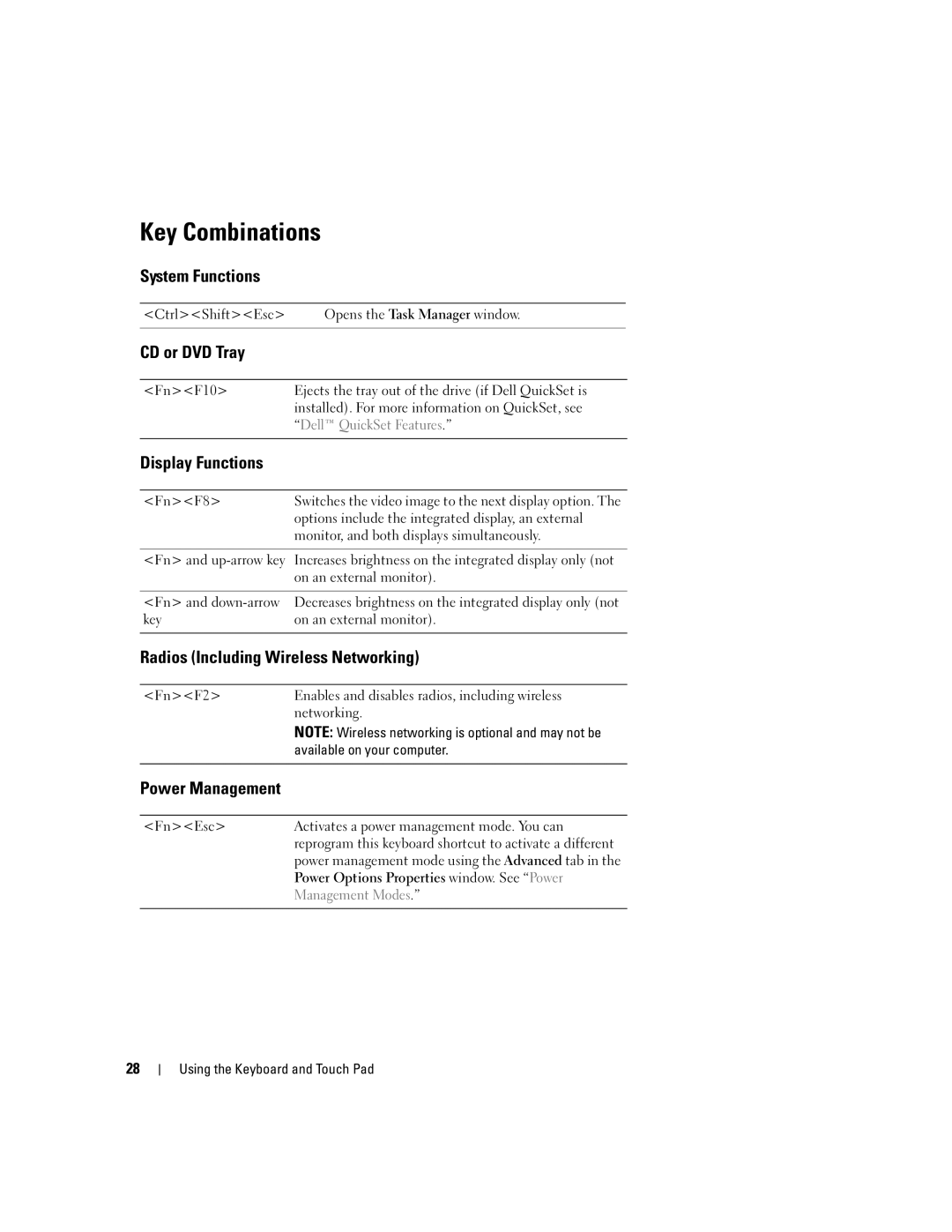 Dell 1300 owner manual Key Combinations 