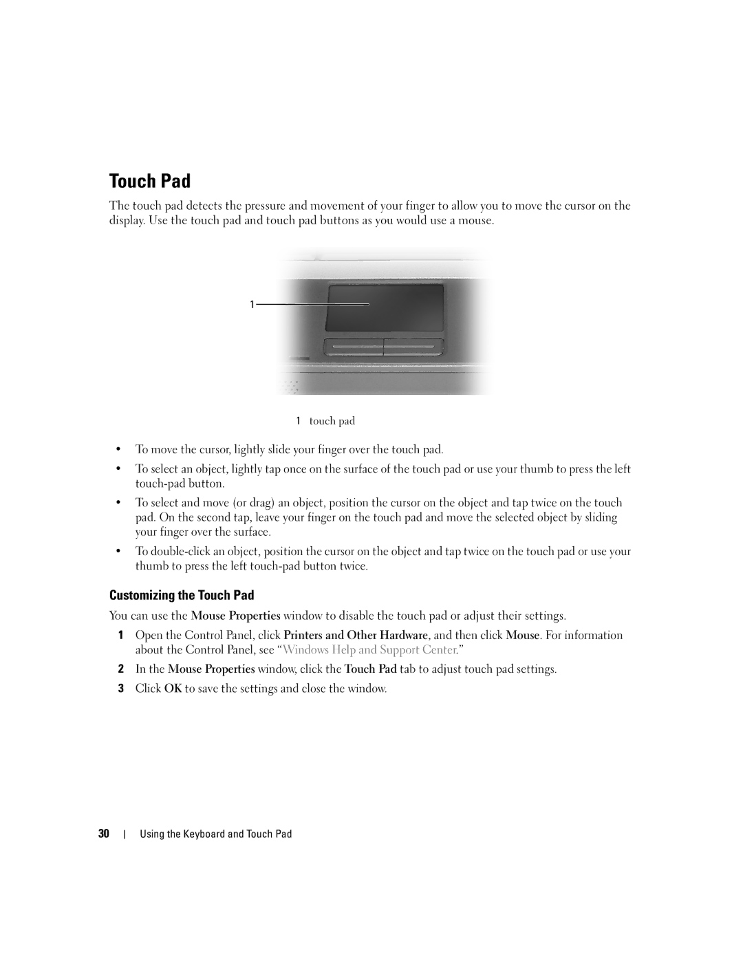 Dell 1300 owner manual Customizing the Touch Pad 