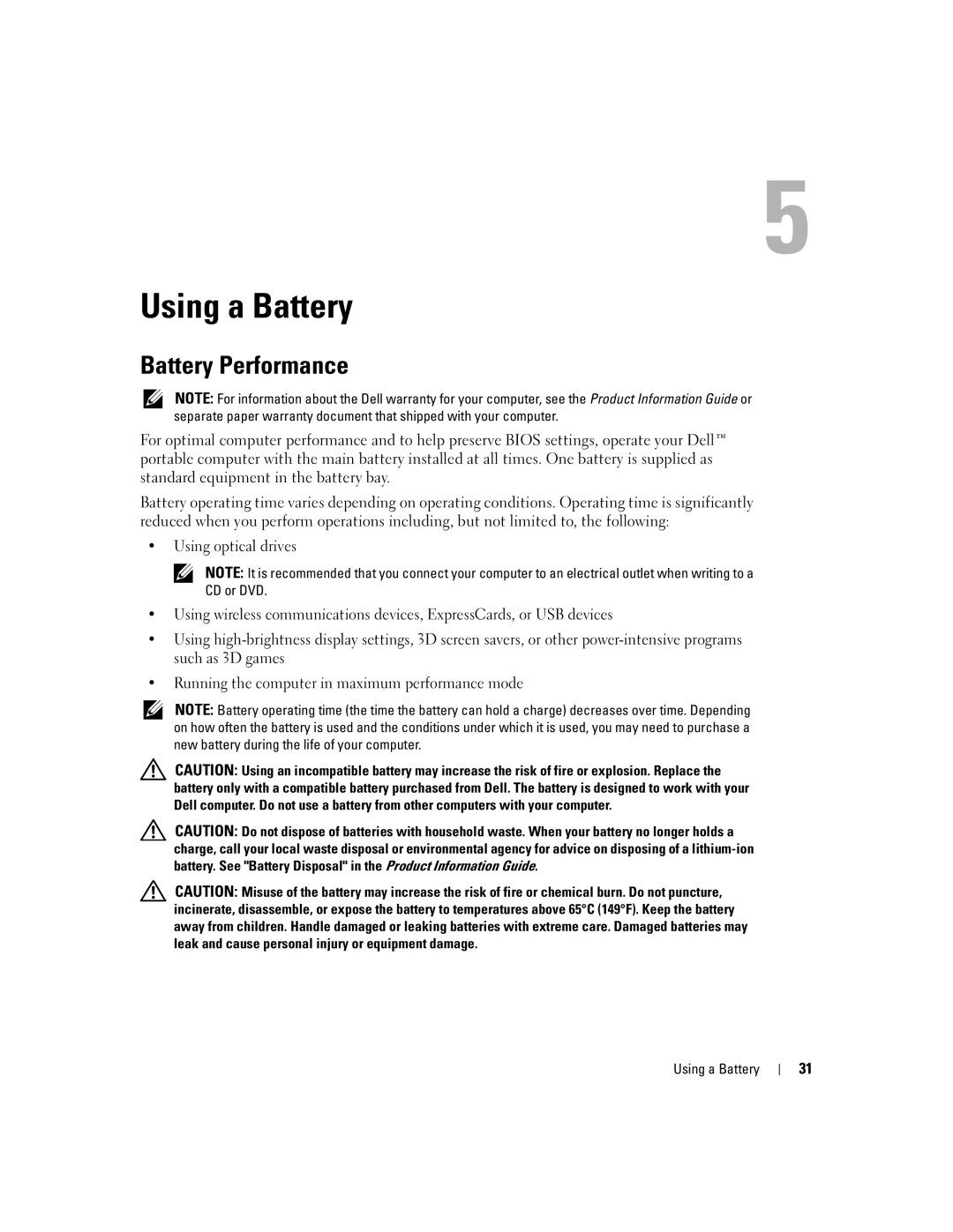 Dell 1300 owner manual Using a Battery, Battery Performance 