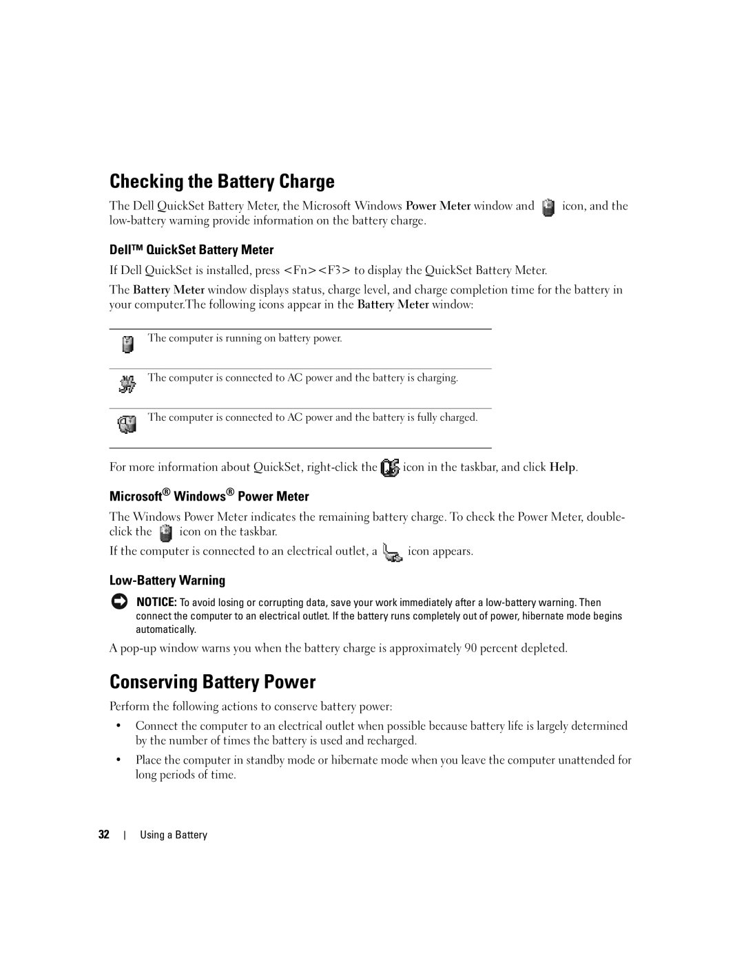 Dell 1300 Checking the Battery Charge, Conserving Battery Power, Dell QuickSet Battery Meter, Low-Battery Warning 