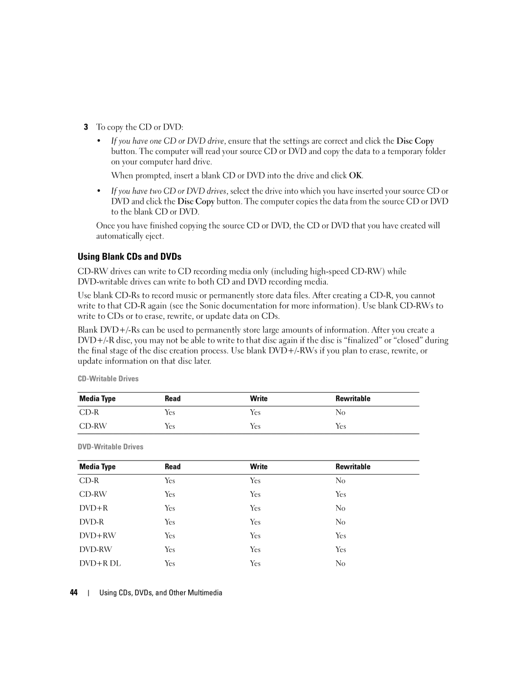 Dell 1300 owner manual Using Blank CDs and DVDs, DVD-Writable Drives 